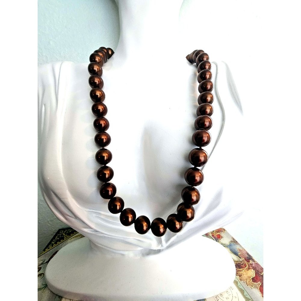 18" Rich Coffee Bronzy Brown Glass Pearl Bead Necklace